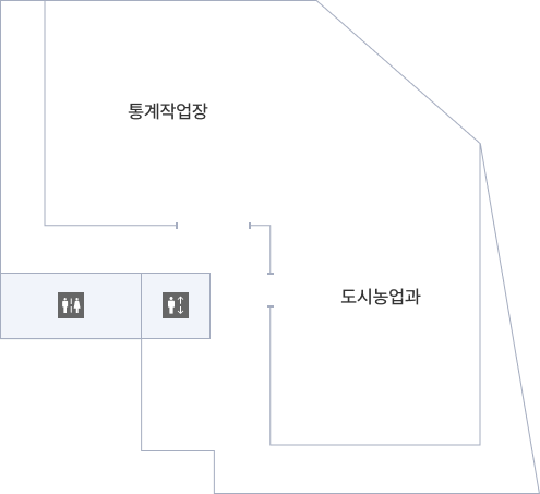 화장실과 엘리베이터를 중심으로 좌측에 통계작업장, 우측에 도시농업과가 위치하고 있습니다.