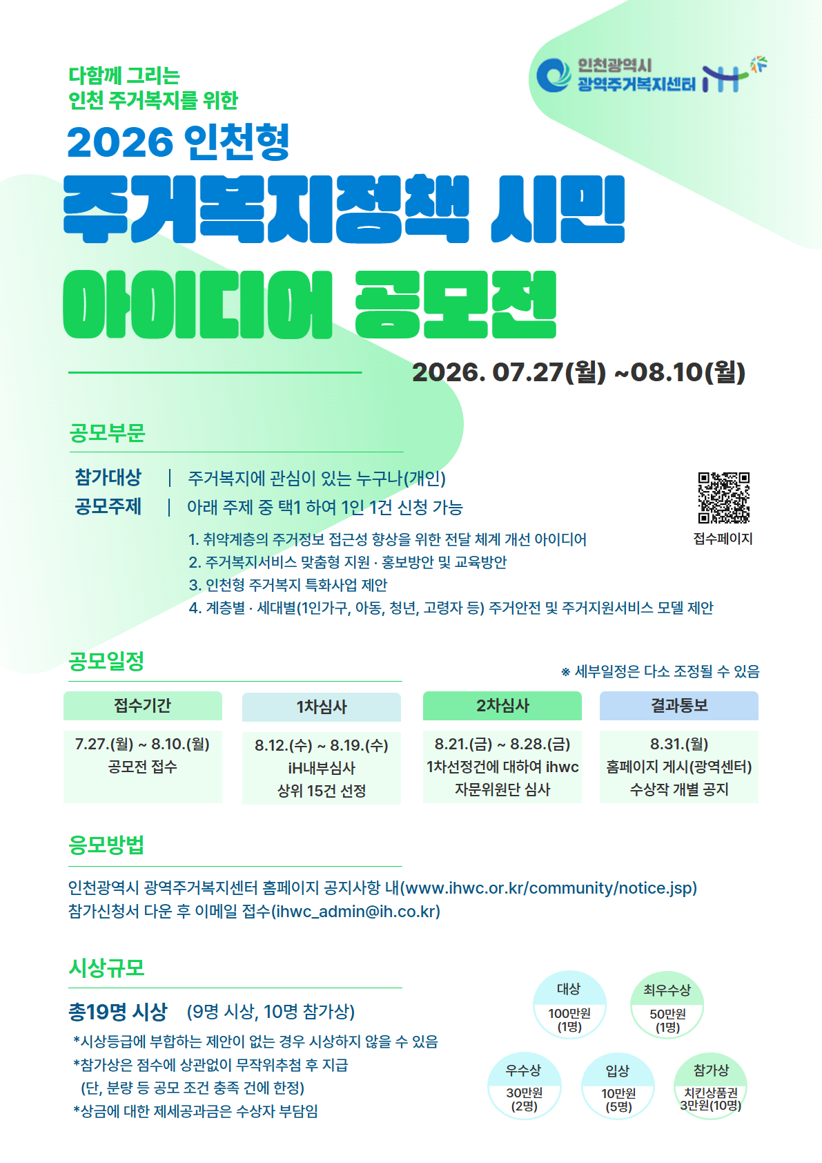 다함께 그리는 인천 주거복지를 위한  2026 인천형 주거복지정책 시민 아이디어 공모전  인천광역시 광역주거복지센터  2026. 07.27(월) ~08.10(월)   공모부문  참가대상 | 주거복지에 관심이 있는 누구나(개인) 공모주제 | 아래 주제 중 택1 하여 1인 1건 신청 가능 1. 취약계층의 주거정보 접근성 향상을 위한 전달 체계 개선 아이디어 2. 주거복지서비스 맞춤형 지원 · 홍보방안 및 교육방안 3. 인천형 주거복지 특화사업 제안 4. 계층별 · 세대별(1인가구, 아동, 청년, 고령자 등) 주거안전 및 주거지원서비스 모델 제안  접수페이지 www.ihwc.or.kr/community/notice.jsp  공모일정 ※ 세부일정은 다소 조정될 수 있음  접수기간 7.27.(월) ~ 8.10.(월) 공모전 접수  1차심사 8.12.(수) ~ 8.19.(수) iH내부심사 상위 15건 선정  2차심사 8.21.(금) ~ 8.28.(금) 1차선정건에 대하여 ihwc 자문위원단 심사   결과통보 8.31.(월) 홈페이지 게시(광역센터) 수상작 개별 공지   응모방법 인천광역시 광역주거복지센터 홈페이지 공지사항 내(www.ihwc.or.kr/community/notice.jsp) 참가신청서 다운 후 이메일 접수(ihwc_admin@ih.co.kr)  시상규모  총19명 시상 (9명 시상, 10명 참가상) *시상등급에 부합하는 제안이 없는 경우 시상하지 않을 수 있음 *참가상은 점수에 상관없이 무작위추첨 후 지급 (단, 분량 등 공모 조건 충족 건에 한정) *상금에 대한 제세공과금은 수상자 부담임  대상  100만원 (1명)  최우수상 50만원 (1명)  우수상 30만원 (2명)  입상 10만원 (5명)  참가상 치킨상품권 3만원(10명)